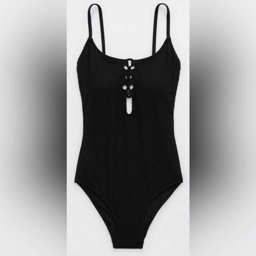 NWT Aerie Crinkle Lace Up One Piece Swimsuit in Black - Size XXS